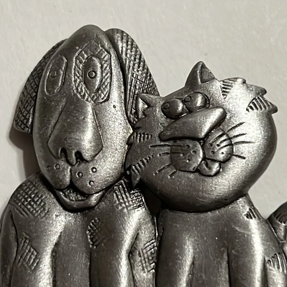 Vintage J.J. Pewter Dog and Cat Brooch